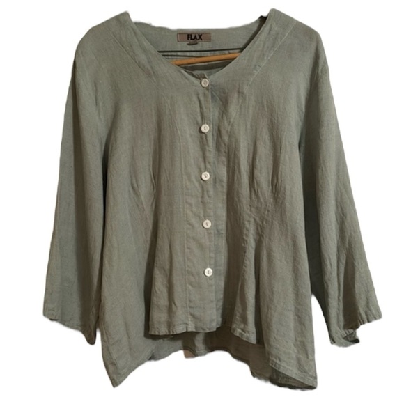 Flax colorless button down wide sleeve sage green linen blouse sz L - Picture 1 of 11